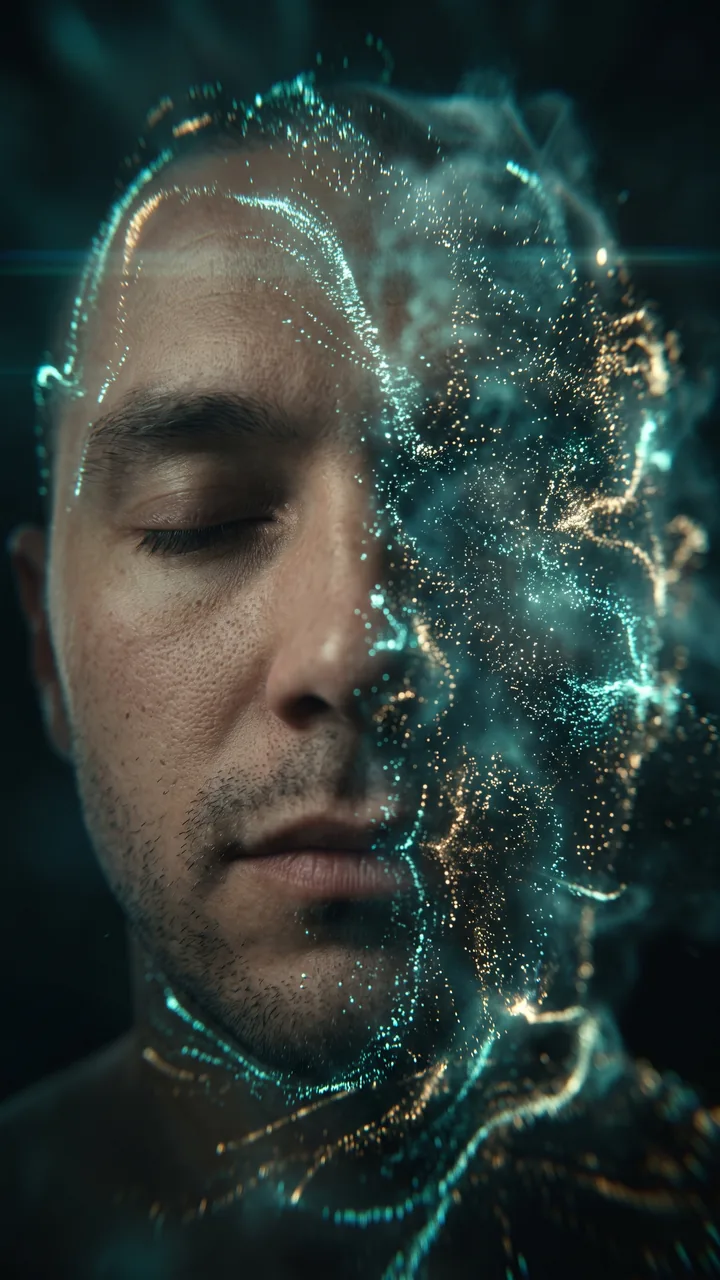 A face forming from teal and gold particles